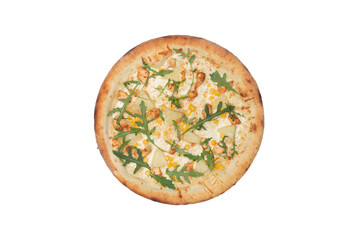 Pizza with mozzarella cheese, cream sauce, pineapple, corn, chicken breast and fresh arugula salad isolated over white background. Top view. Copy space