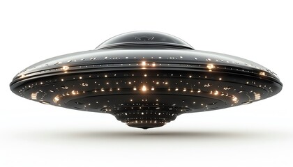 Sleek metallic UFO hovering, isolated on a white background, clean design