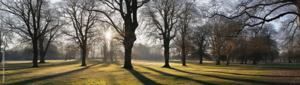 Sticker A serene park in winter with sun shining through bare trees, casting long shadows on the frosted ground.