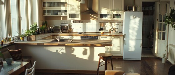 A sunlit modern kitchen with a white fridge, wooden counter, and various plants, creating a warm and inviting atmosphere.