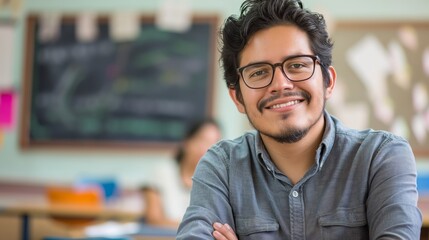 Fototapeta premium A man wearing glasses and a dark shirt is smiling while sitting in a classroom, with a blackboard visible in the background.