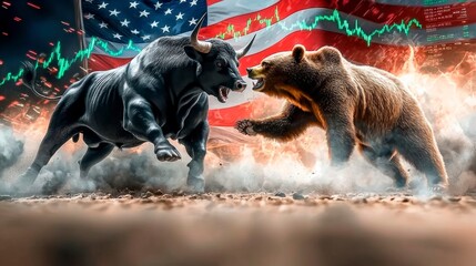 A bull and a bear fight against a stock market chart and an American flag.