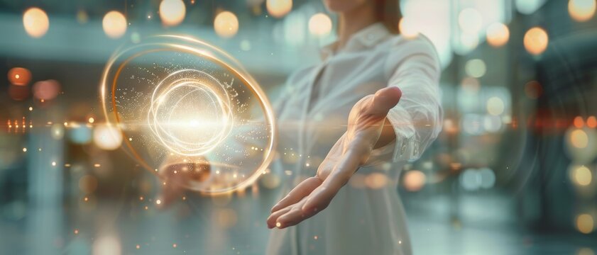 A futuristic scene where a woman interacts with a glowing orb of light, symbolizing technology and innovation in a modern setting.