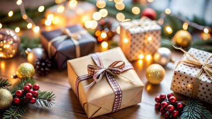 Christmas gift boxes on wooden table with bokeh lights background.