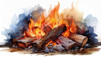 A vibrant and warm campfire surrounded by logs, creating a cozy atmosphere ideal for gatherings and outdoor experiences.