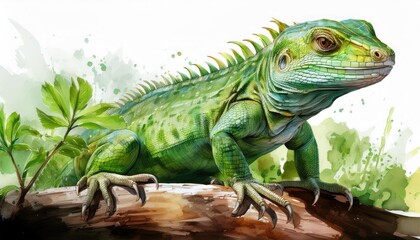 A vibrant green lizard perched on a log, showcasing intricate details and a natural habitat in a stunning watercolor style.