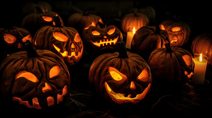 A Halloween card featuring carved pumpkins glowing in the night