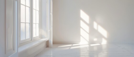 Fototapeta premium Sunlight streams through a large window, brightening an airy, minimalist room with shadows cast on the pristine wooden floor.