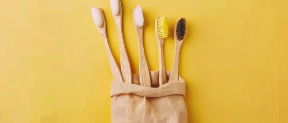 A set of six bamboo toothbrushes peek out from a burlap pouch against a yellow background, highlighting eco-friendliness and simple self-care.