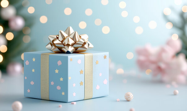 Single blue gift box with gold ribbon flowers on soft pastel background with bokeh lights  with copy space. Holiday or birthday celebration concept. For greeting card, poster, event invitation, ads.  