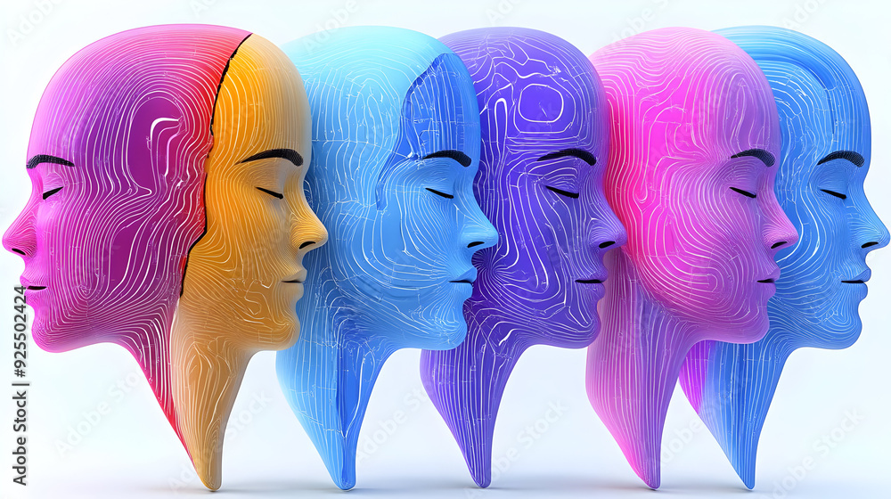 Poster abstract representation of human faces with vibrant colors and intricate line patterns.