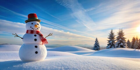 Obraz premium Snowman standing tall in a snow-covered landscape , winter, Christmas, cold, frozen, festive, holiday, white, cheerful
