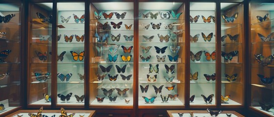 A well-organized butterfly specimen display in a museum reveals a diverse collection of beautifully preserved insects, illuminated by soft lighting.