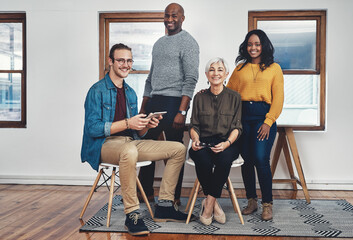 Happy, business people and portrait of group in office of creative agency for collaboration and content creation. Copywriting team, confident and tablet with diverse skills, unity and partnership.