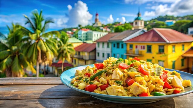 Jamaican ackee and saltfish dish served in a colorful Kingston neighborhood , Jamaica, ackee, saltfish, colorful