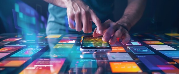 A person's hand reaching out to touch a smartphone screen with glowing blue and orange abstract digital data flowing in the background.