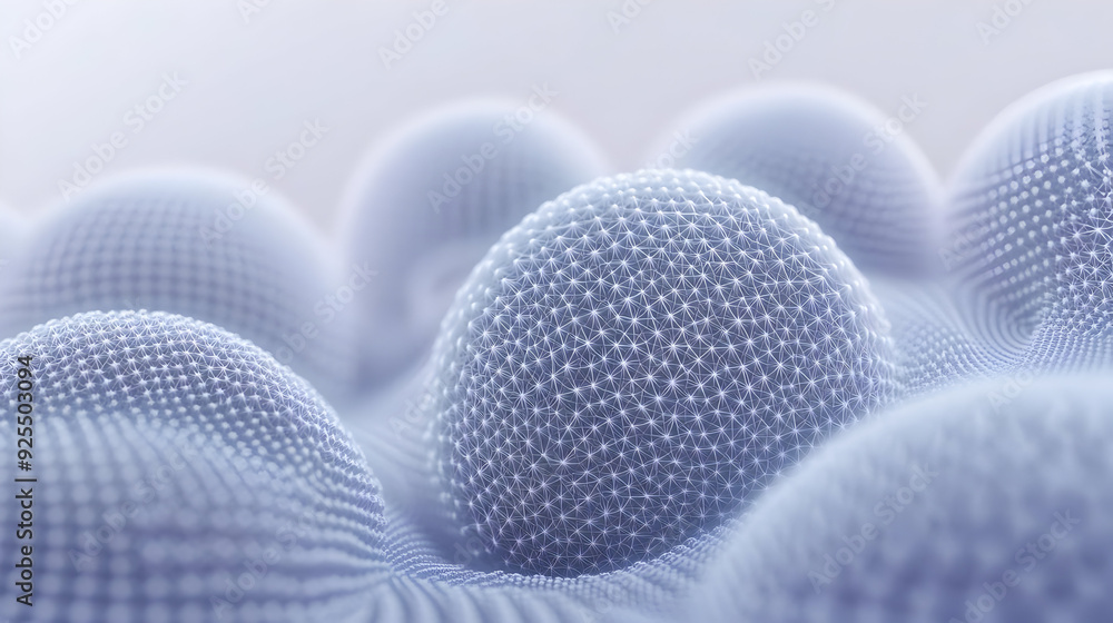 Poster abstract representation of spherical structures with a textured surface.