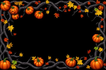 Halloween themed that features a square border filled with various spooky and autumnal elements. The border is designed with a twisted, gnarled vine pattern that gives off a sense of decay.