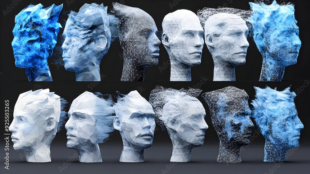 Poster Abstract representations of human heads with dynamic textures and forms.