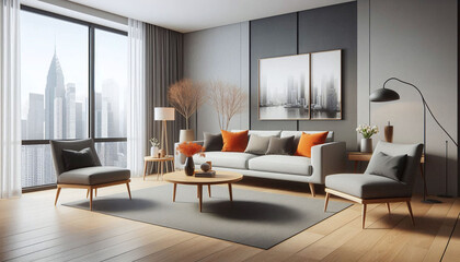 Living room with a three-seater sofa and two chairs modern light gray and orange. Generative AI.