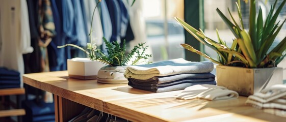 Fototapeta premium Neatly folded clothes on a wooden rack in a sunlit room, next to potted plants, illustratively showcasing a peaceful, minimalist lifestyle.