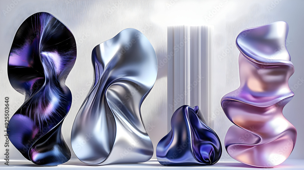 Poster abstract sculptures with flowing forms and metallic finishes in a minimalist setting.