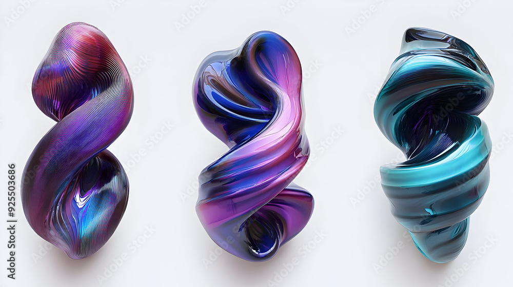 Poster abstract sculptures with swirling patterns and vibrant colors.