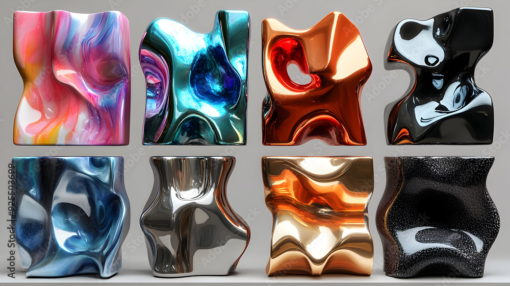 Poster abstract sculptures with various colors and textures arranged in a grid.
