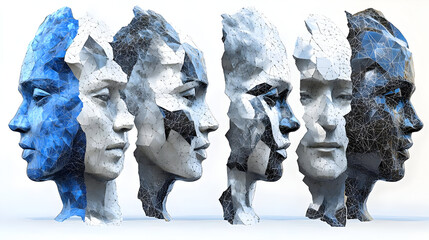 Abstract sculptures of human profiles with a blend of geometric shapes and colors.