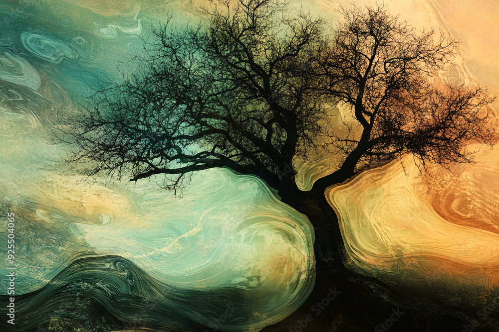 Aufkleber tree silhouette with bare branches stands against a backdrop of swirling warm and cool tones creatin