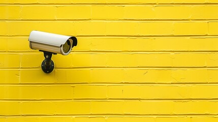 A cylinder-shaped video surveillance camera in a white protective box mounted on a yellow brick wall. Copy space. Private protection, territory protection.