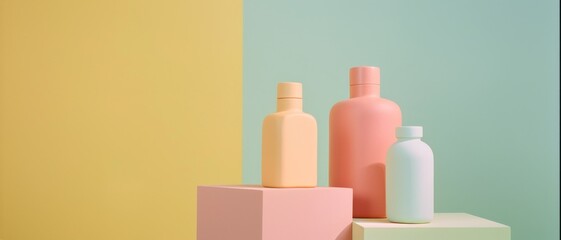 Three pastel-colored bottles stand on geometric podiums against a soft, colorful background, creating a visually pleasing, minimalistic composition.
