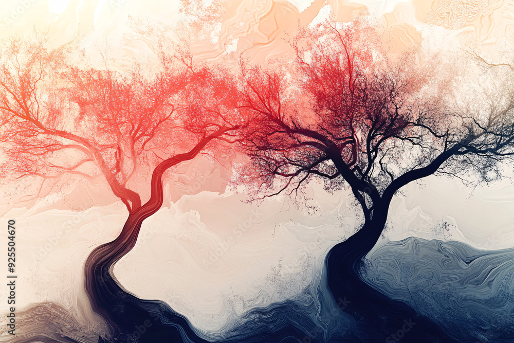 Aufkleber two trees with twisted trunks stand in contrast one surrounded by red tones and the other by cooler 
