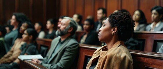 Fototapeta premium A diverse group of people attentively listens in a courtroom, showcasing a setting of legal proceedings and thoughtful observation.