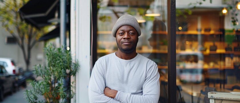 A confident man stands with crossed arms outside a cozy cafe, exuding warmth and approachability in his casual attire.