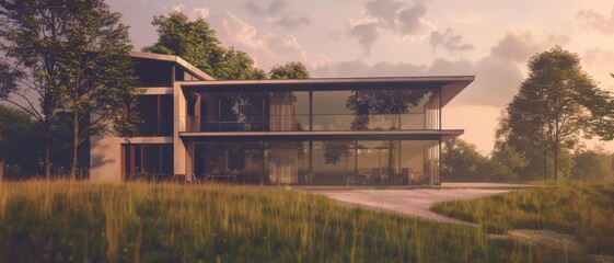 Fototapeta premium A modern, glass-fronted house bathed in the warm glow of sunset, surrounded by lush greenery and a serene, landscaped yard.