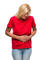 Middle age blonde woman over isolated background with hand on stomach because nausea, painful disease feeling unwell. Ache concept.