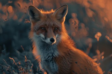 rust-orange fox with mournful eyes, set against warm, golden hour backdrop