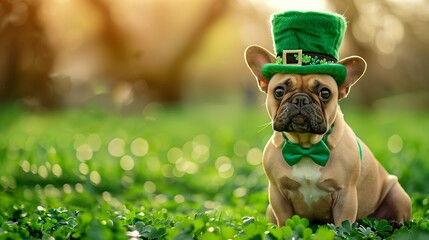 A French bulldog sitting on a field of shamrocks, the dog has a green top hat on his head and a green bow on his neck. Pets for St. Patrick's Day. Copy space.