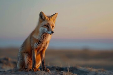 red fox in cold tundra, mournful eyes, set against a warm golden hour backdrop, deserted seashore in background