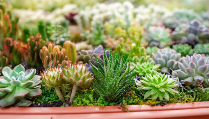 Obraz premium Assortment of different succulents, miniature garden. Eco-friendly living. Beautiful green plants.
