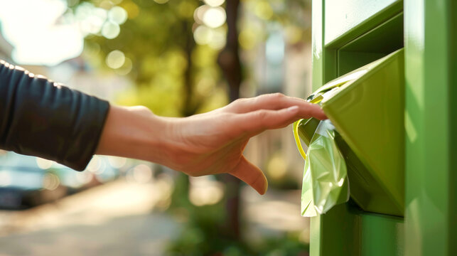 Closeup of hand pulling green dog poops waste bag from outdoor dispenser in park