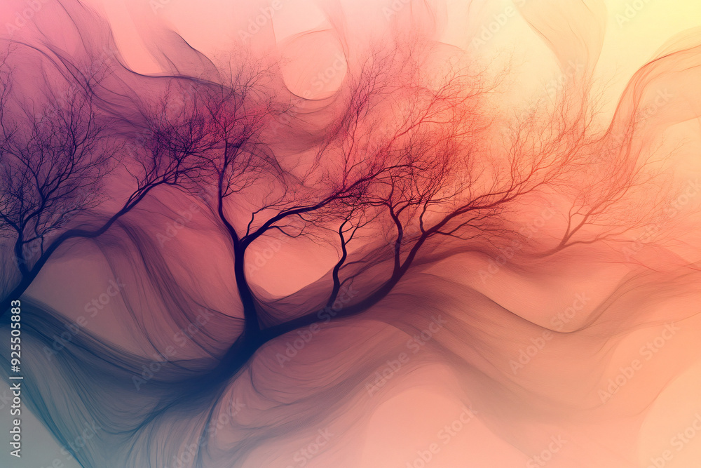 Poster stylized tree with bare branches surrounded by swirling lines in soft pink and peach tones creating 