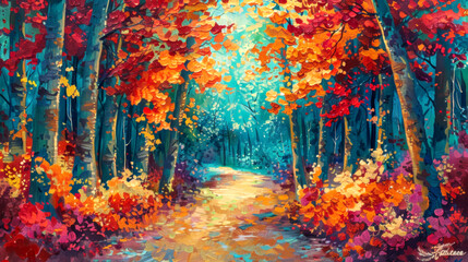 Vibrant autumn forest pathway with colorful foliage in shades of red, orange, and yellow. captivating scene features sunlit path, creating dreamy, magical atmosphere.