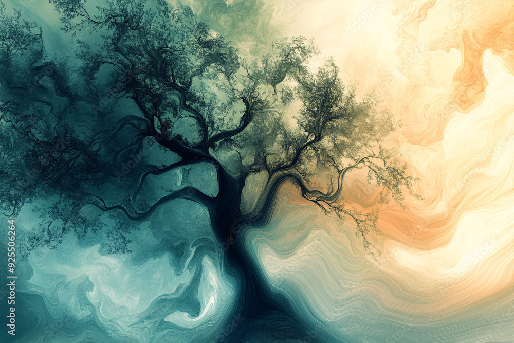 Aufkleber lone tree with twisted branches set against a backdrop of swirling teal and beige colors creating a 