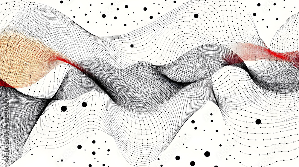Poster Abstract wave pattern with dotted elements in black and red on a white background.