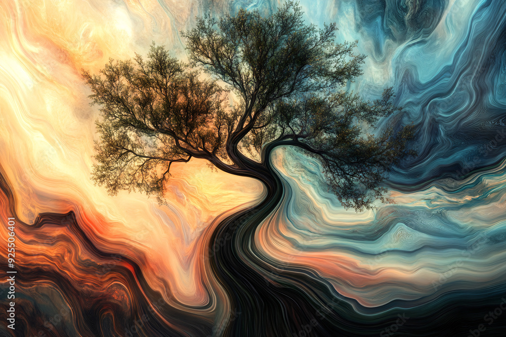 Poster surreal image of a twisted tree standing in an abstract landscape with swirling colors symbolizing n