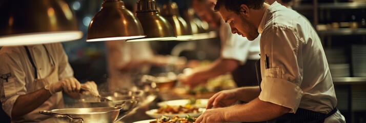 A team of chefs working together in a professional kitchen, skillfully preparing and plating gourmet dishes under warm overhead lighting.