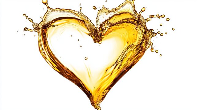 Oil splashes forming a heart shape, depicted in either olive or engine oil, isolated on a white background