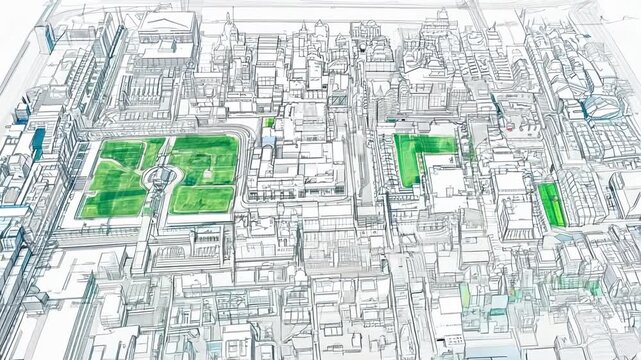 Urban Planning Sketch Showcasing Sustainable Elements in a City Layout Generative AI